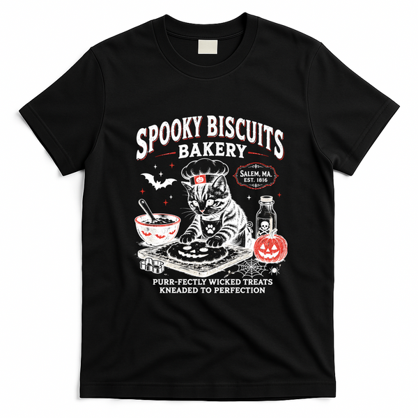 Spooky Biscuits Bakery Cat Halloween Treats T-Shirt - Black