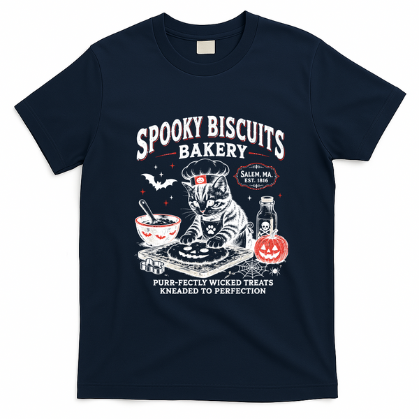 Spooky Biscuits Bakery Cat Halloween Treats T-Shirt - Navy Blue