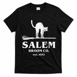 Salem Broom Co Company Halloween Black Cat Witch And Broom T-Shirt - Black