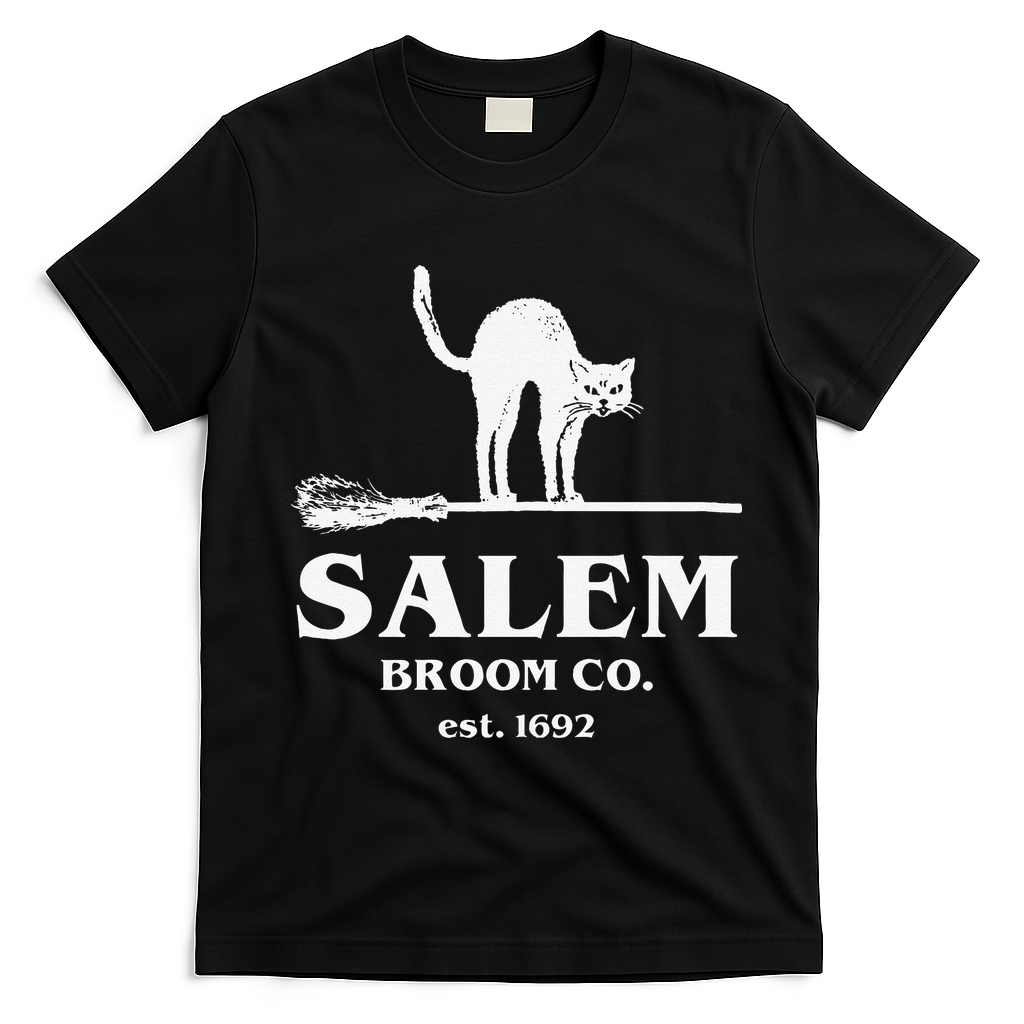 Salem Broom Co Company Halloween Black Cat Witch And Broom T-Shirt - Black