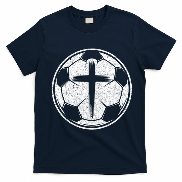 Soccer Ball Christian Cross T-Shirt - Navy Blue