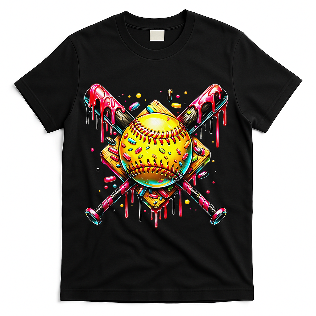 Softball Bat Ice Cream Dripping Baseball Home Plate Drip T-Shirt - Black