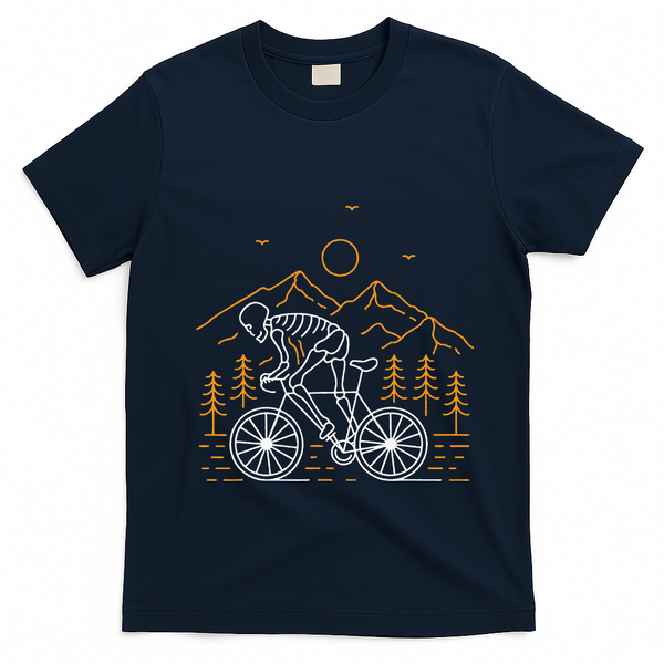 Skeleton Biking Lazy Halloween Costume Cool Line Art Bicycle T-Shirt - Navy Blue