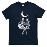 Skeleton Couple Under The Moon Playing Guitar Graphic T-Shirt - Navy Blue