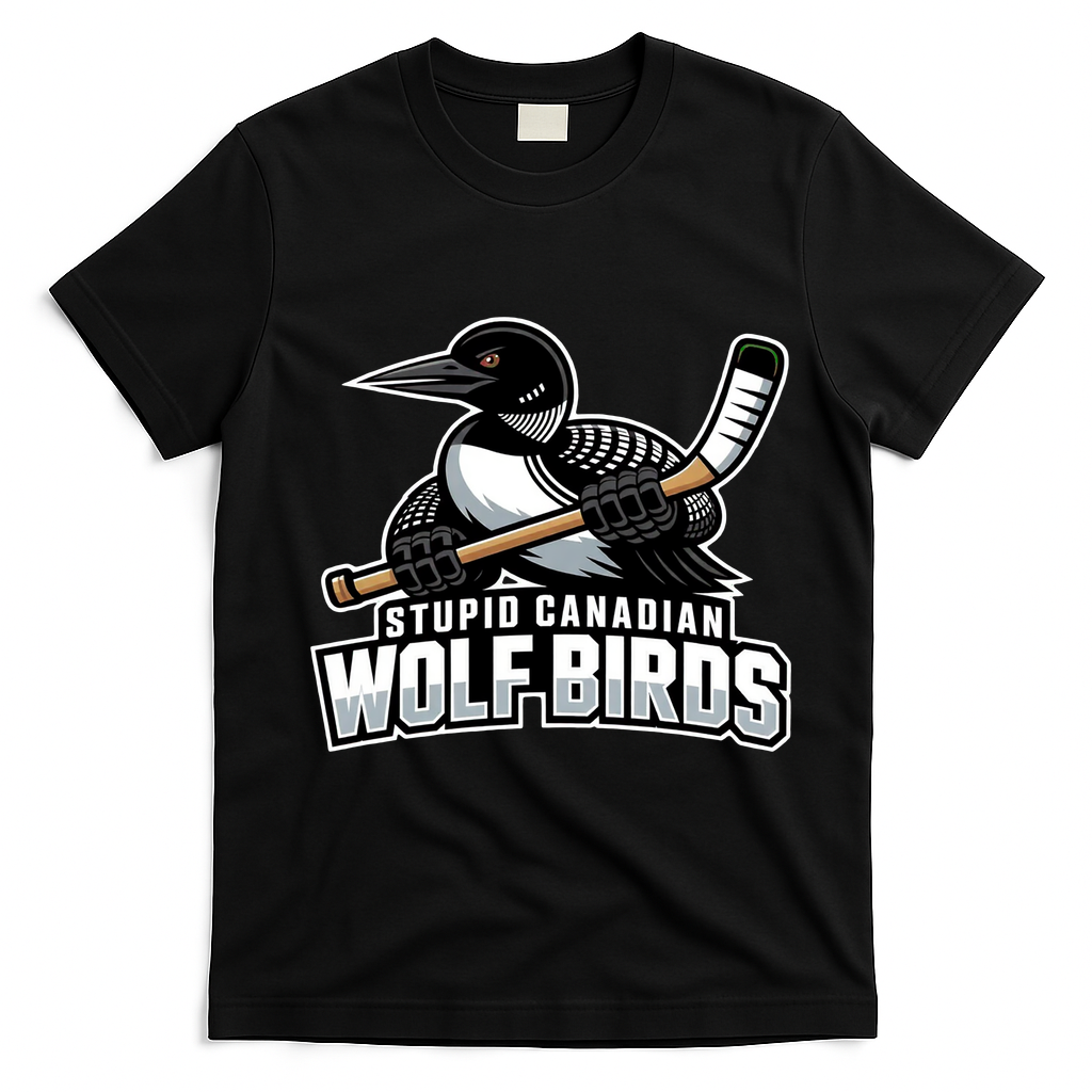 Stupid Canadian Wolf Bird Hockey Duck Funny T-Shirt - Black