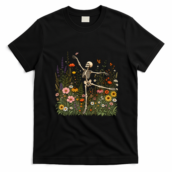 Skeleton Dancing Arabesque Wildflower Botanical Floral Cottagecore Nature Lover Illustrative  T-Shirt - Black
