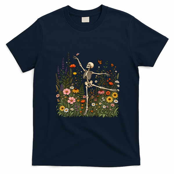 Skeleton Dancing Arabesque Wildflower Botanical Floral Cottagecore Nature Lover Illustrative  T-Shirt - Navy Blue