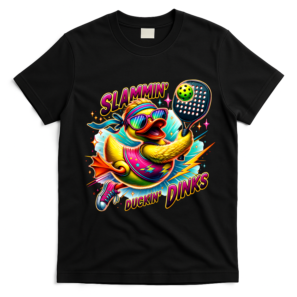 Slammin Duckin Dinks Funny Pickleball Rubber Duck T-Shirt - Black