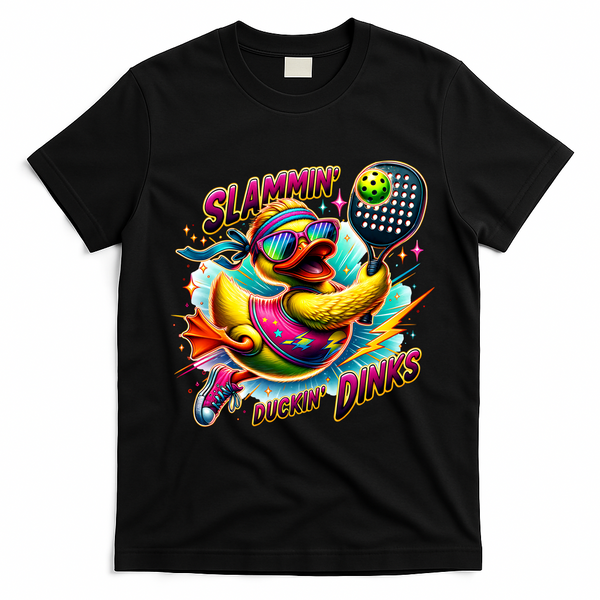 Slammin Duckin Dinks Funny Pickleball Rubber Duck T-Shirt - Black