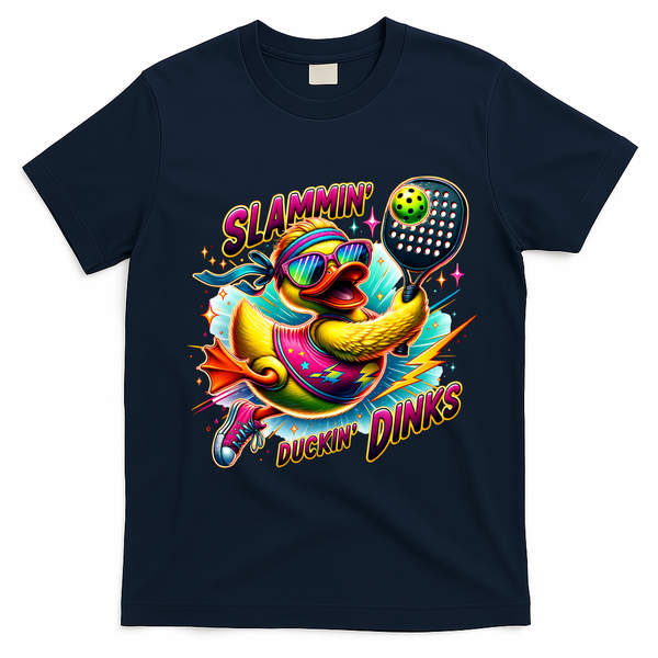 Slammin Duckin Dinks Funny Pickleball Rubber Duck T-Shirt - Navy Blue