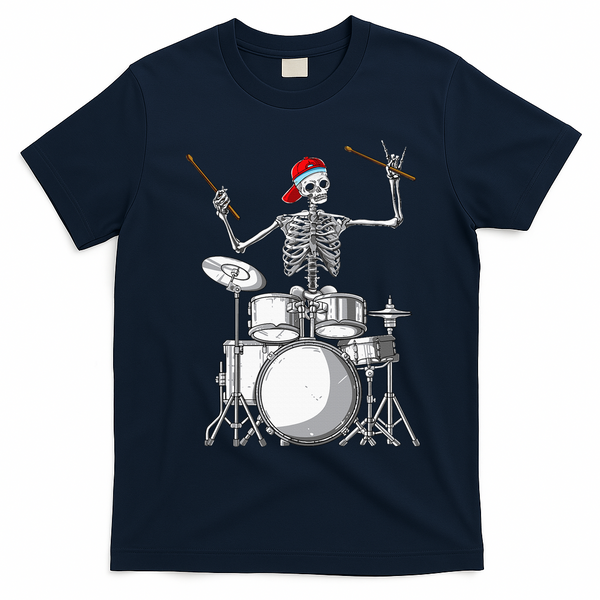 Skeleton Drummer Halloween Costume Playing Drums Gift T-Shirt - Navy Blue
