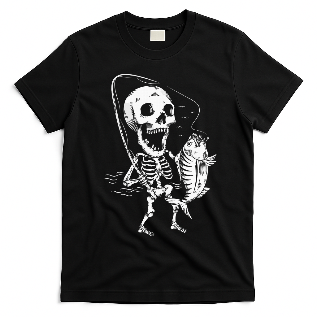 Skeleton Fishing Lazy Halloween Costume Cool Skull Fisherman T-Shirt - Black
