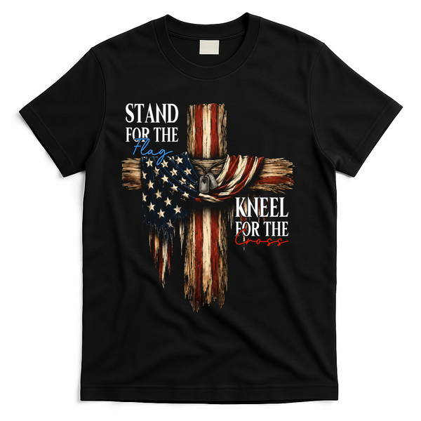 Stand For The Flag Kneel For The Cross Patriotic Christian T-Shirt - Black