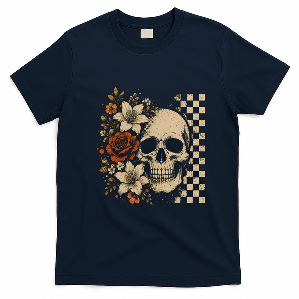 Skull Flowers Vintage Floral Rose Halloween Checkered T-Shirt - Navy Blue