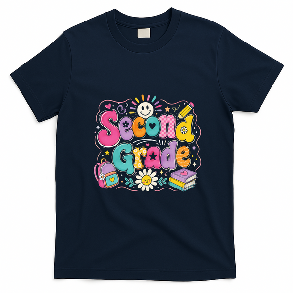 Second Grade Colorful Cute Teacher Student Gift Back To School T-Shirt - Navy Blue