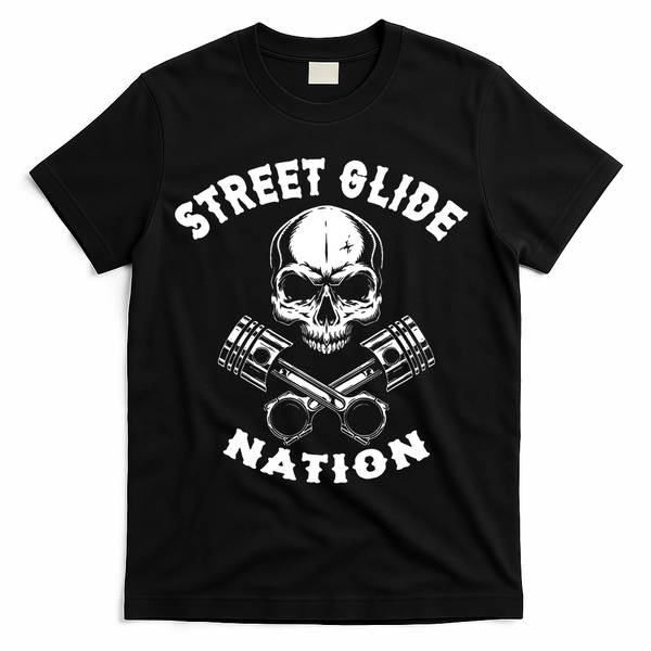 Street Glide Nation Skull And Pistons Biker  T-Shirt - Black