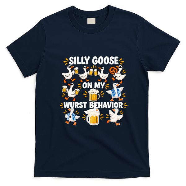 Silly Goose On My Wurst Behavior Funny Oktoberfest T-Shirt - Navy Blue