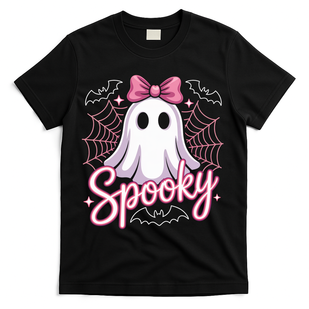 Spooky Ghost Pink Coquette Halloween Cute T-Shirt - Black