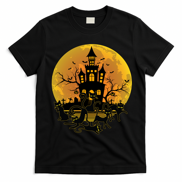 Spooky Halloween Castle Black Cats T-Shirt - Black