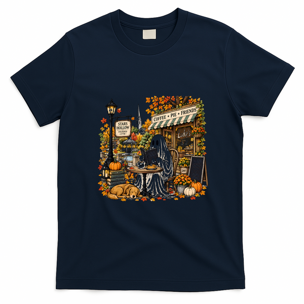 Stars Hollow Coffee Shop Ghost Reading Autumn Fall Vibes T-Shirt - Navy Blue