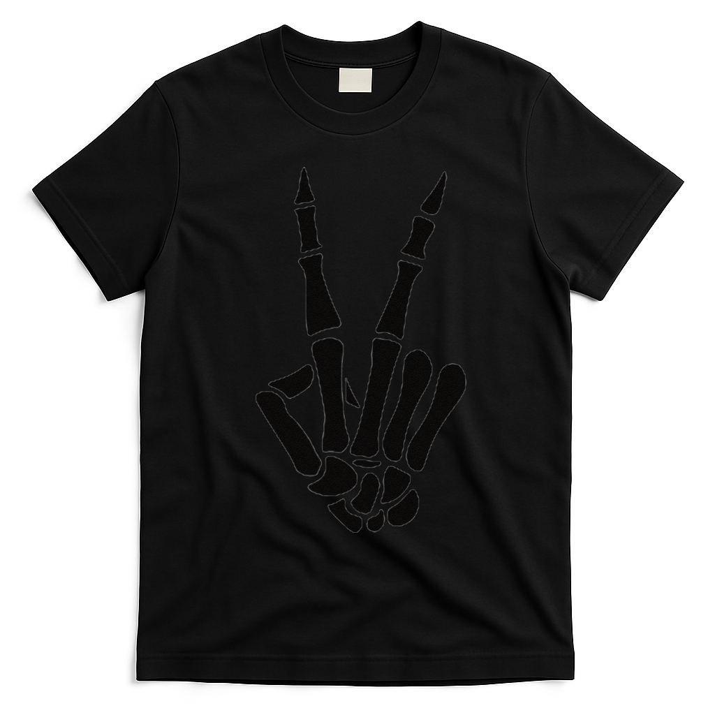 Skeleton Hand Peace Sign Bones Pocket Halloween Skeleton T-Shirt - Black