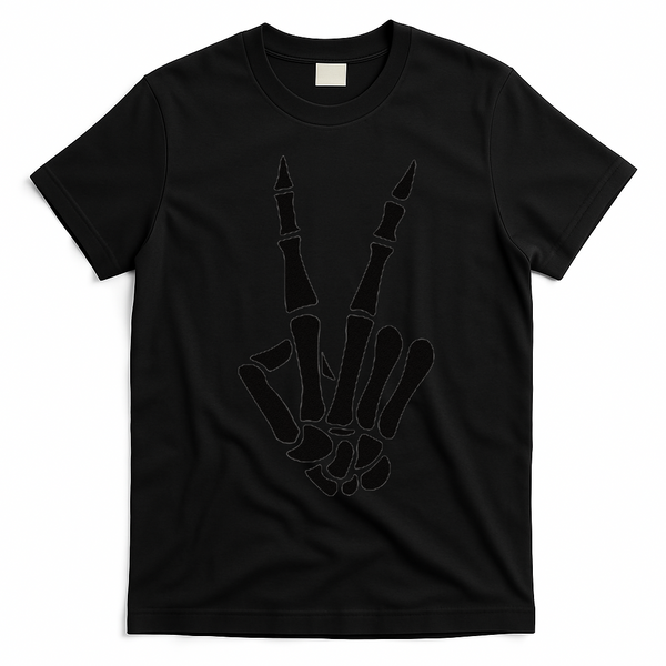 Skeleton Hand Peace Sign Bones Pocket Halloween Skeleton T-Shirt - Black