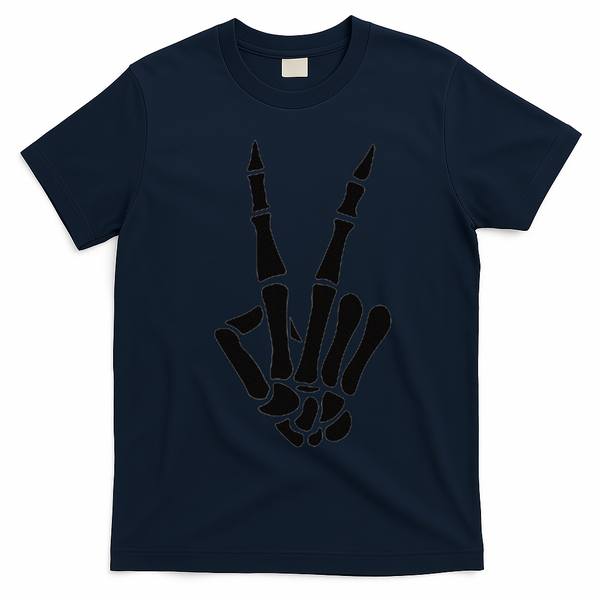 Skeleton Hand Peace Sign Bones Pocket Halloween Skeleton T-Shirt - Navy Blue