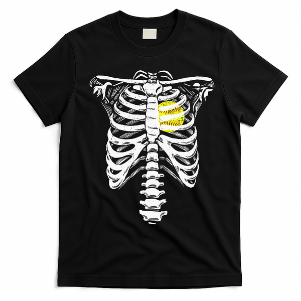 Softball Heart Skeleton Rib Cage Halloween Love Softball T-Shirt - Black