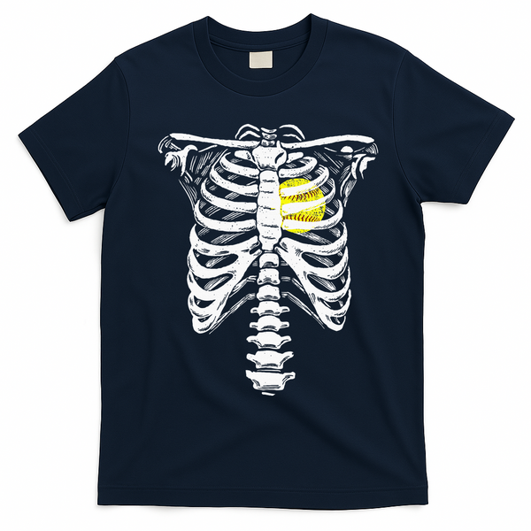 Softball Heart Skeleton Rib Cage Halloween Love Softball T-Shirt - Navy Blue