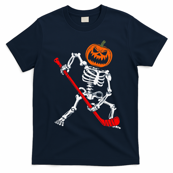 Skeleton Ice Hockey Halloween Pumpkin Hockey T-Shirt - Navy Blue