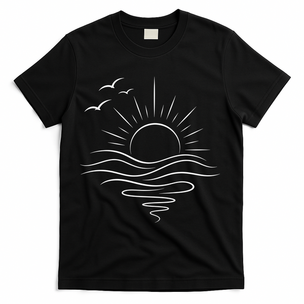 Sun Ocean Linear Graphic Boho Summer Beach T-Shirt - Black