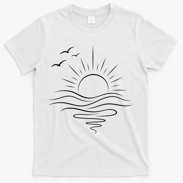 Sun Ocean Linear Graphic Boho Summer Beach T-Shirt - White