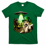 St Patricks Day Cat Selfie Leprechaun Bigfoot UFO T-Shirt - Irish Green