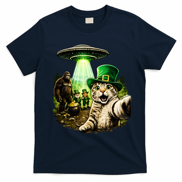 St Patricks Day Cat Selfie Leprechaun Bigfoot UFO T-Shirt - Navy Blue