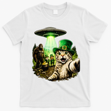 St Patricks Day Cat Selfie Leprechaun Bigfoot UFO T-Shirt - White