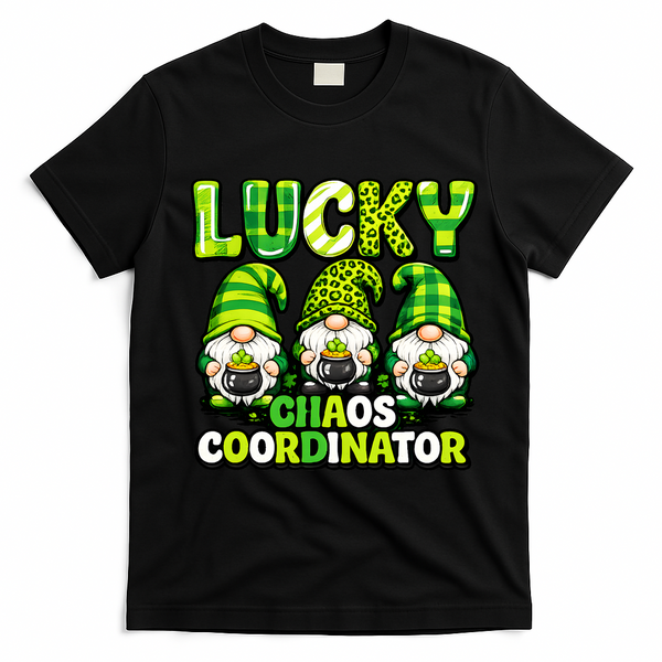 St Patrick's Day Lucky Chaos Coordonator Shamrock Irish Gnomes T-Shirt - Black
