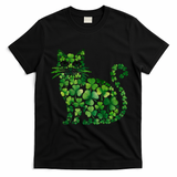 St Patrick's Day Lucky Shamrock Clover Cat T-Shirt - Black