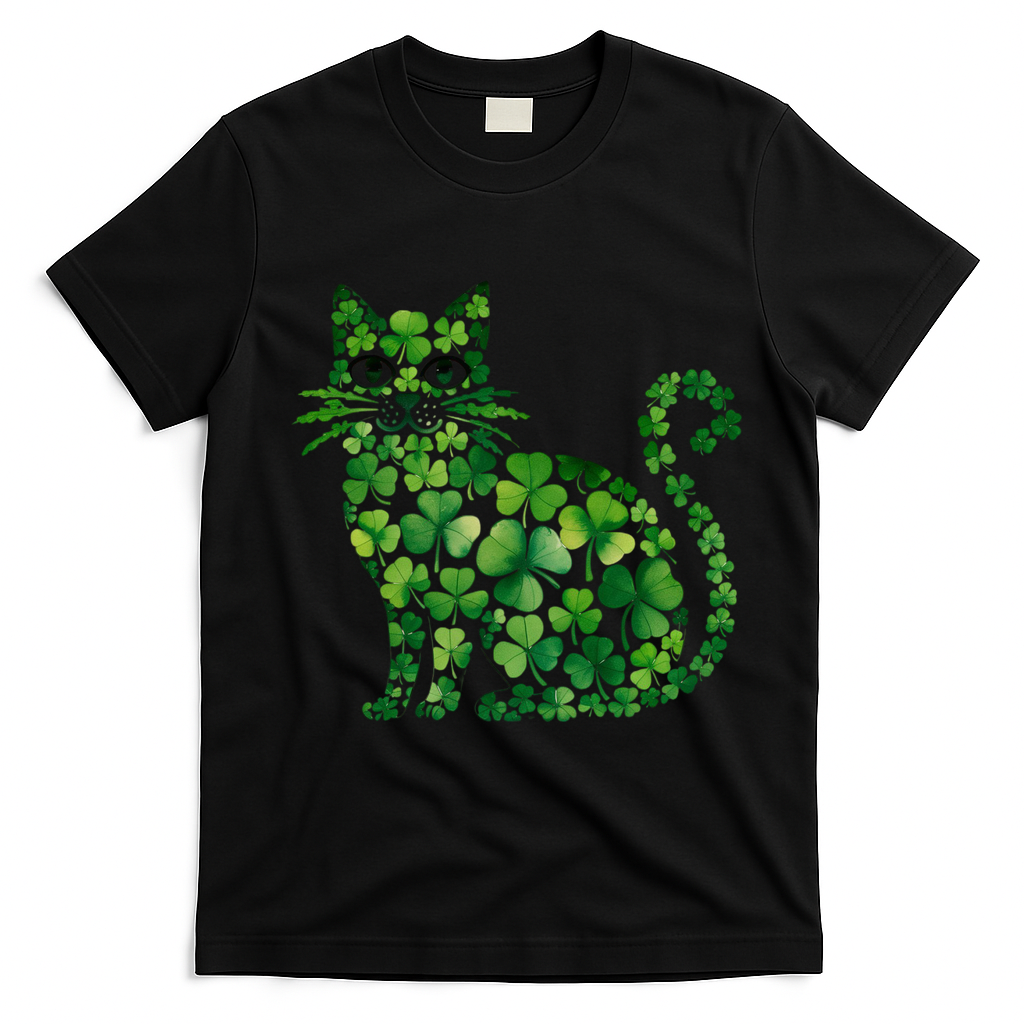 St Patrick's Day Lucky Shamrock Clover Cat T-Shirt - Black