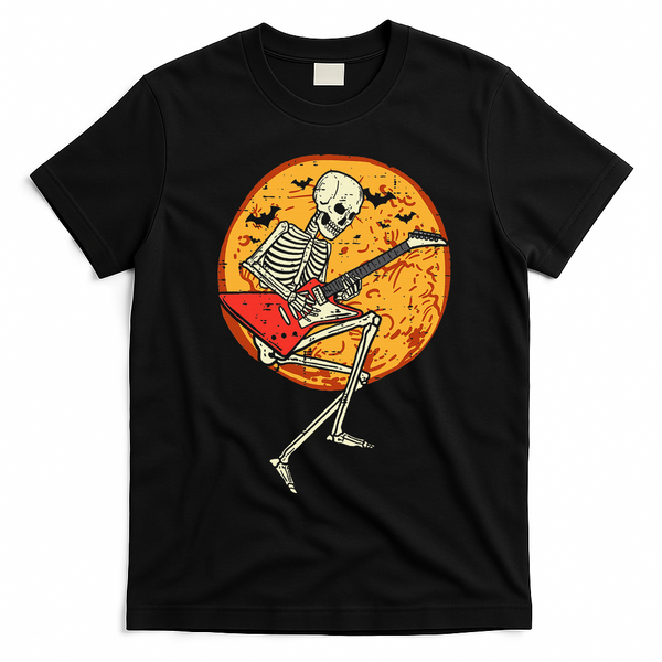 Skeleton Playing Guitar Rock Moon Halloween Music T-Shirt - Black