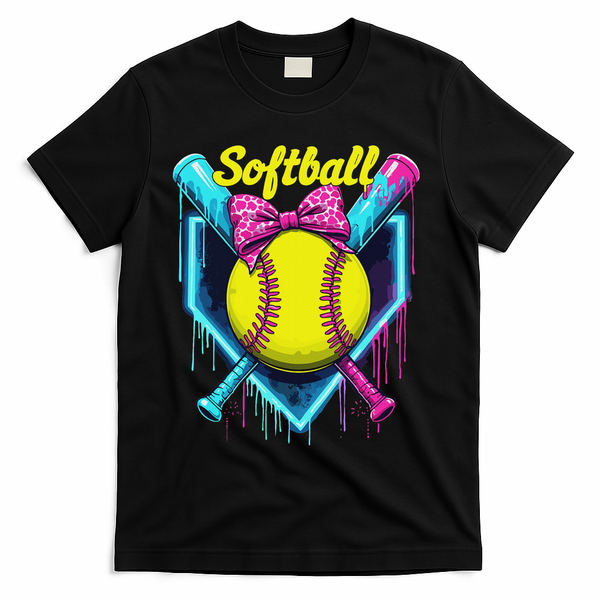 Softball Player Ice Cream Softball Drip T-Shirt - Black