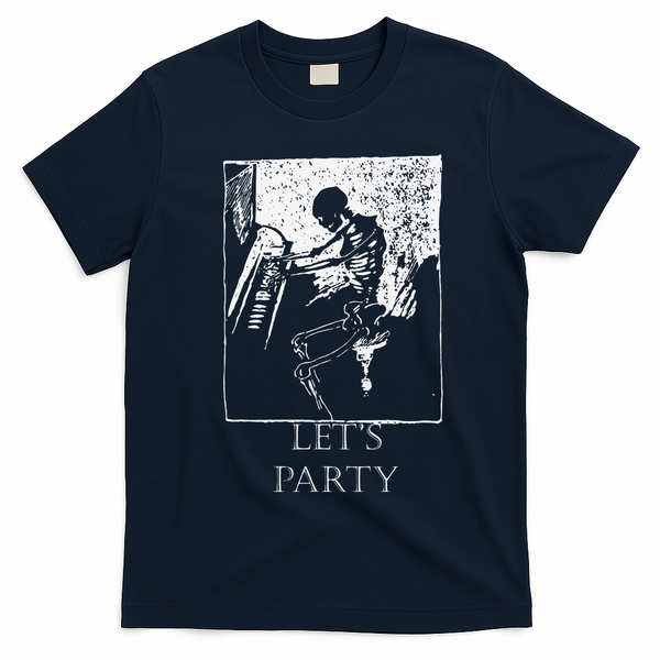 Skeleton Playing Piano Lets Party Halloween T-Shirt - Navy Blue