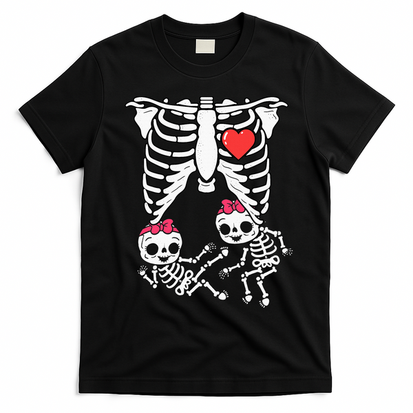 Skeleton Pregnancy Twins XRay Pregnant Halloween T-Shirt - Black