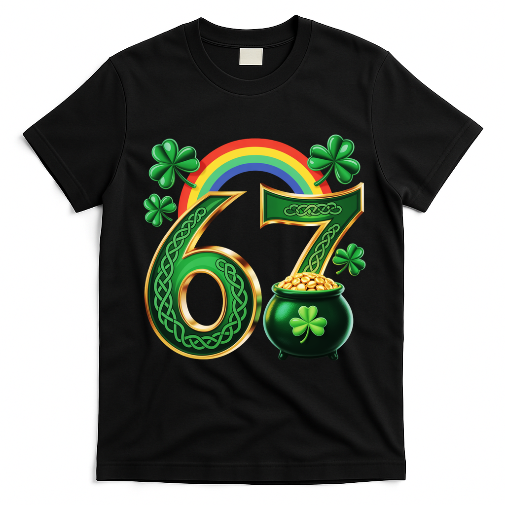 Shamrock Rainbow 67 St Patrick’s Day 6-7 Meme T-Shirt - Black