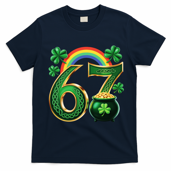 Shamrock Rainbow 67 St Patrick’s Day 6-7 Meme T-Shirt - Navy Blue