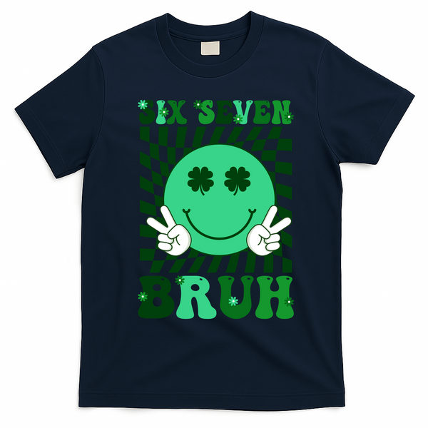 Six Seven Bruh Shamrock 67 Meme St Patrick's Day T-Shirt - Navy Blue