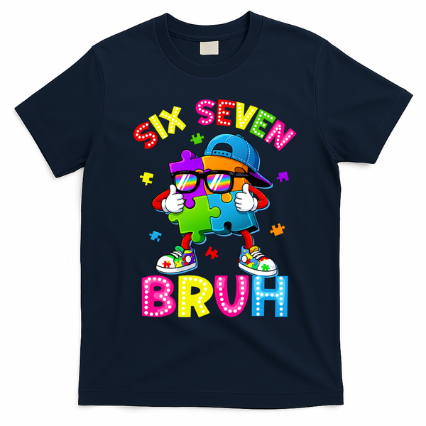 Six Seven Bruh 67 Autism Puzzle 6-7 Meme T-Shirt - Navy Blue