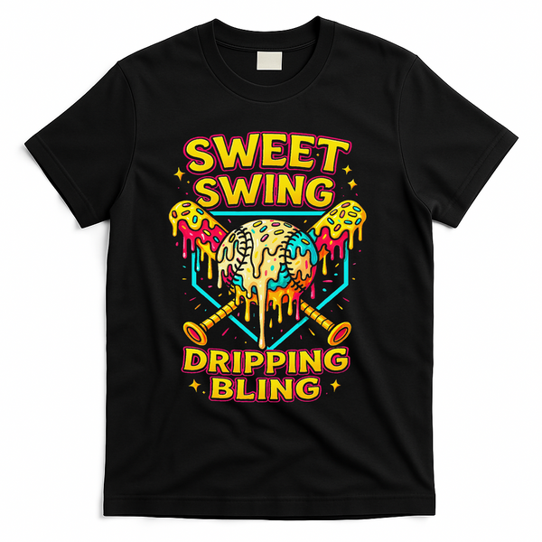 Sweet Swing Dripping Bling Baseball T-Shirt - Black