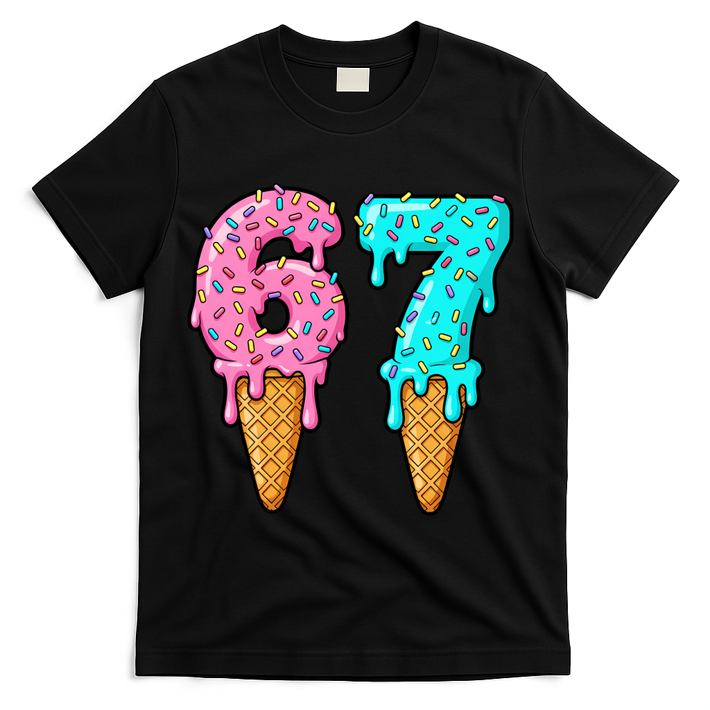 Six Seven Funny 67 Ice Cream Cone Drip Meme T-Shirt - Black