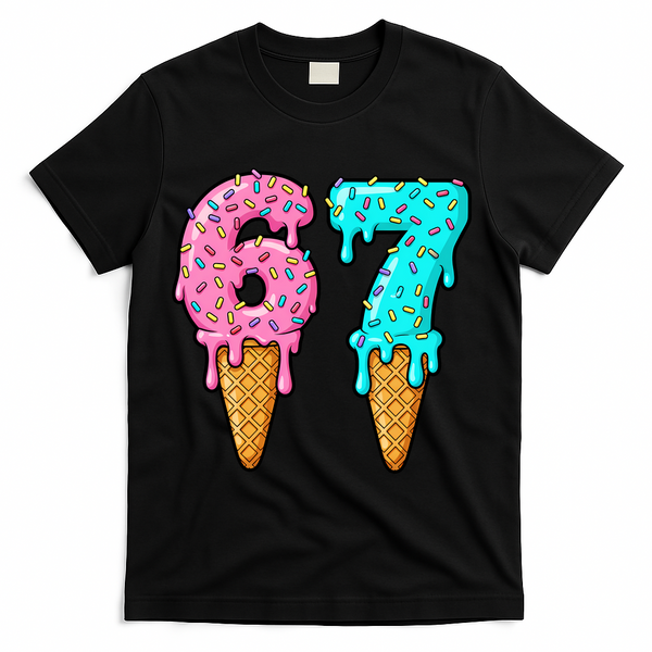 Six Seven Funny 67 Ice Cream Cone Drip Meme T-Shirt - Black