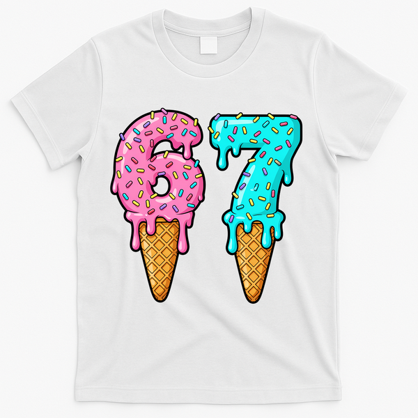 Six Seven Funny 67 Ice Cream Cone Drip Meme T-Shirt - White